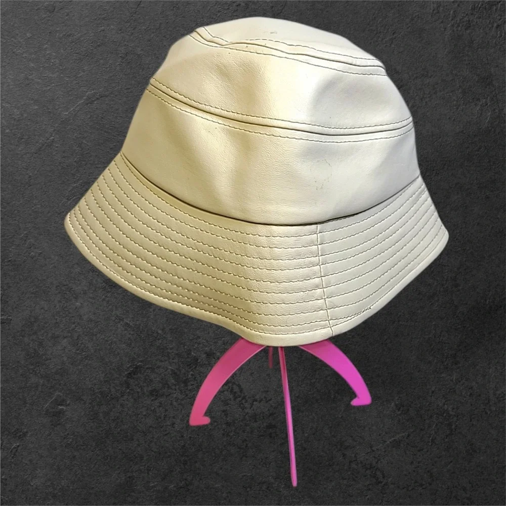 Beige Faux Leather Bucket Hat Wide Brim Stitched